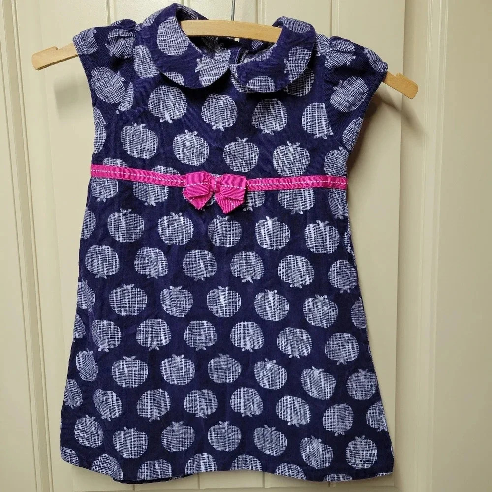 Gymboree Girls Size 4T Dress Navy Blue Apples Pink Ribbon Waist